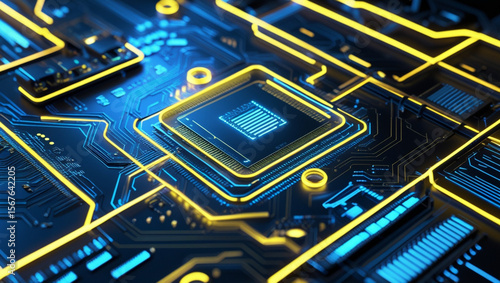 High-tech neon circuit board background with glowing blue and yellow lines on black, featuring digital data flow, geometric cyber patterns, and a radiant futuristic CPU interface design