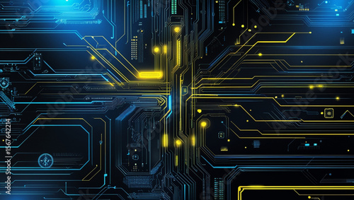 High-tech neon circuit board background with glowing blue and yellow lines on black, featuring digital data flow, geometric cyber patterns, and a radiant futuristic CPU interface design