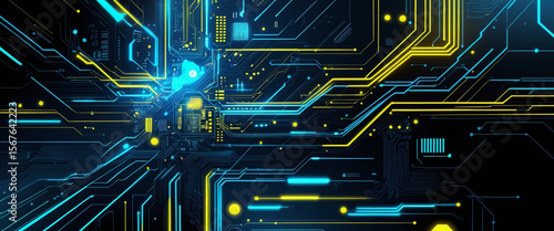 High-tech neon circuit board background with glowing blue and yellow lines on black, featuring digital data flow, geometric cyber patterns, and a radiant futuristic CPU interface design