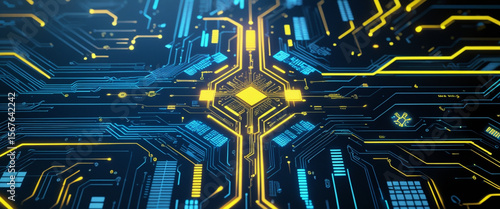 High-tech neon circuit board background with glowing blue and yellow lines on black, featuring digital data flow, geometric cyber patterns, and a radiant futuristic CPU interface design