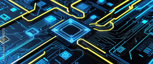 High-tech neon circuit board background with glowing blue and yellow lines on black, featuring digital data flow, geometric cyber patterns, and a radiant futuristic CPU interface design