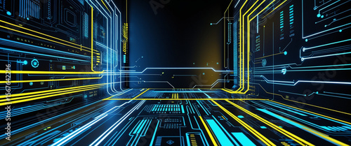 High-tech neon circuit board background with glowing blue and yellow lines on black, featuring digital data flow, geometric cyber patterns, and a radiant futuristic CPU interface design