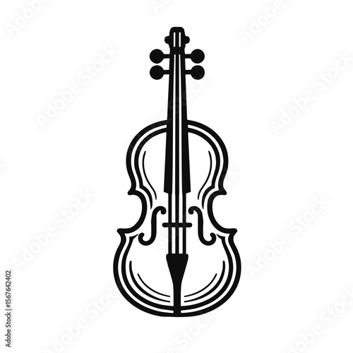 Minimalistic black and white line art illustration of a cello  