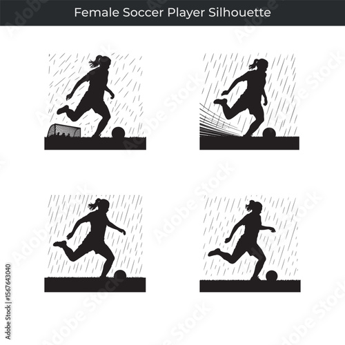 Dynamic silhouette illustrations of female soccer player in action on a rainy day