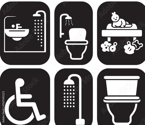 A collection of six white vector icons on rounded black squares, representing public restroom and facility signs, including sink with shower, toilet with shower, baby changing, accessible, shower, and