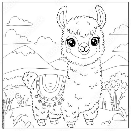 Cute llama with a patterned blanket stands in a scenic mountain landscape filled with plants and clouds.