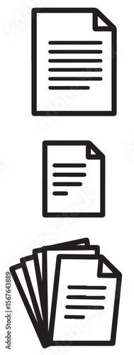 
A black and white vector outline of three sets of documents: a full-sized page, a smaller page, and a fanned stack of multiple pages with text lines.