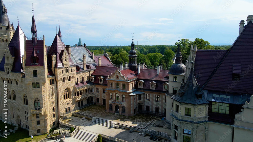 Obraz premium Moszna Castle fly over landscape view from above architecture near the village Moszna Poland