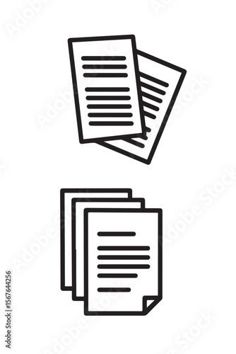 A black outline vector image showing two groups of documents: a top set of two overlapping papers, and a bottom set of three stacked papers with a folded corner.