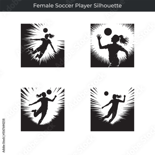 Dynamic silhouette illustrations of a female soccer player kicking and controlling the soccer ball