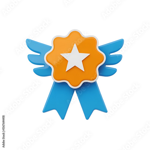 3D Award Ribbon Icon with Orange Star Badge and Blue Wings Isolated on White Background