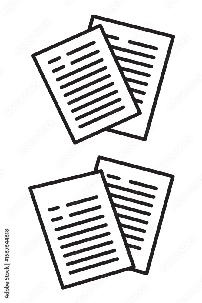 A black and white vector outline of two pairs of overlapping documents or papers with text lines, suggesting multiple files or records. A black and white vector outline of two pairs of overlapping documents or papers with text lines, suggesting multiple files or records.