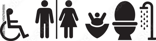 A black vector image featuring five public facility icons on a white background: disabled access, male, female, baby changing, toilet, and shower.