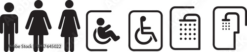 
A vector image displaying a series of black outline icons on a white background, representing public facility signs for male, female, transgender/gender-neutral, accessible, and two types of showers.