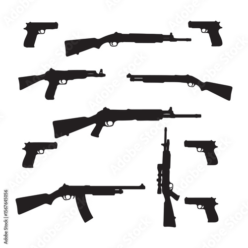 Assorted firearms including handguns and rifles in silhouette pistol shotgun