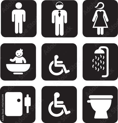 Print
A collection of nine white vector icons on rounded black squares, representing public restroom and facility signs, including male, female, baby, accessible, shower, and toilet.