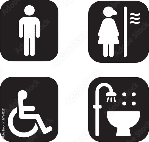 
A black and white vector image featuring universal restroom and facility signs, including male, female (with hair dryer), accessible, and bidet toilet icons.