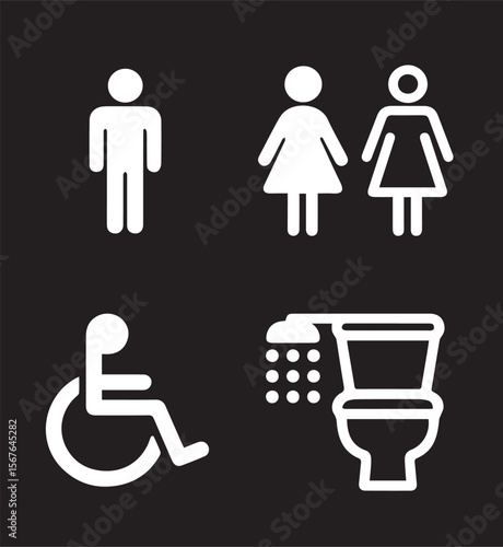 
A vector image featuring four white icons on a black background, representing public restroom signs for male, female, disabled access, and a combined shower and toilet.