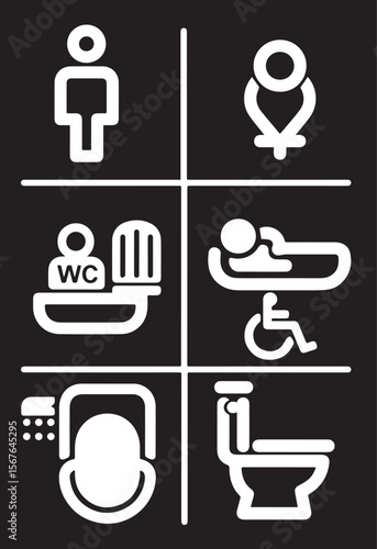 
A black and white vector image featuring various universal restroom and facility signs, including male, female, WC, accessible, toilet, and bidet icons.