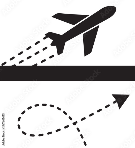 
A black vector image depicting an airplane taking off from a runway and a separate dotted path with an arrow indicating movement or a flight trajectory.