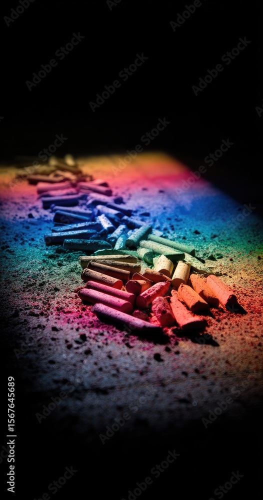 Broken crayons scattered on a surface, creating a vibrant, rainbow-like trail Broken crayons scattered on a surface, creating a vibrant, rainbow-like trail