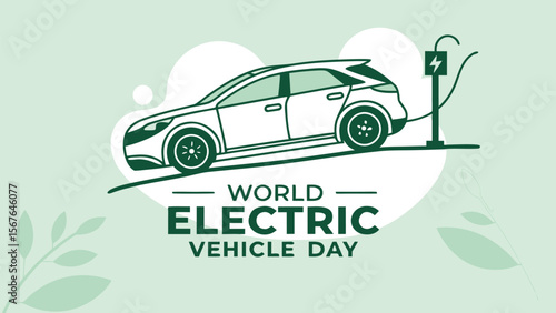 Eco-Friendly Electric Vehicle Charging:  A Modern, Clean Illustration for World Electric Vehicle Day, Featuring a White SUV at a Charging Station, Green Accents, and a Minimalist Style.