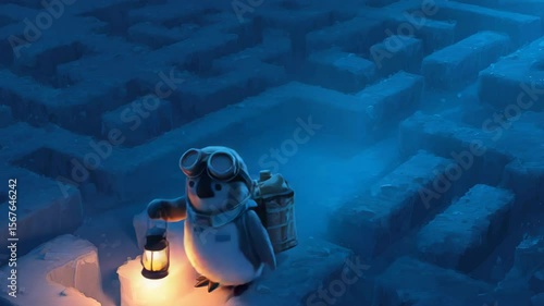 An explorer penguin navigating a floating ice maze while carrying a glowing lantern and wearing goggles