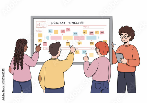 Illustration of a diverse team collaborating on a project timeline visualized on a whiteboard during a business meeting or planning session.