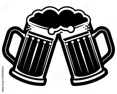 Cheers to Refreshment: Two steins of dark beer, brimming with foamy heads, clink together in a celebratory gesture, symbolizing camaraderie and the simple pleasure of a refreshing drink.