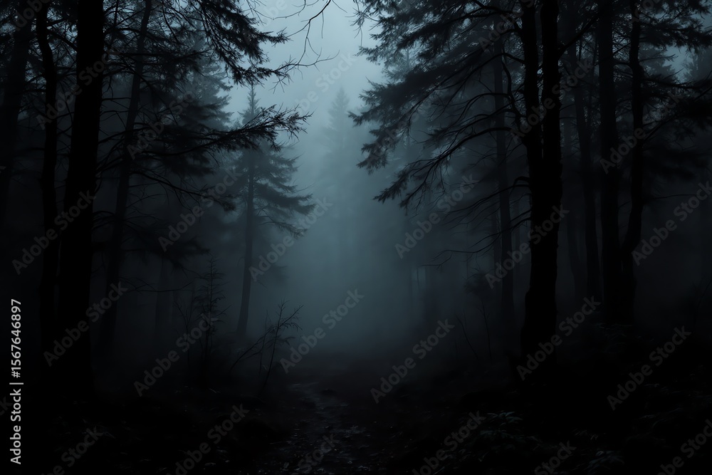 Fototapeta premium Mystical Forest in Fog Dark Woodland Scenery Pine Tree Trunks