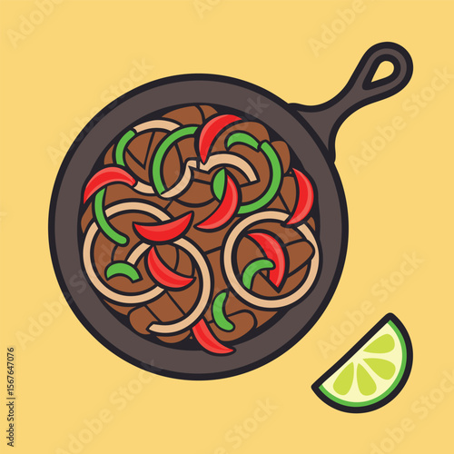 Skillet with Fajita Ingredients and Lime Slice on Yellow Background