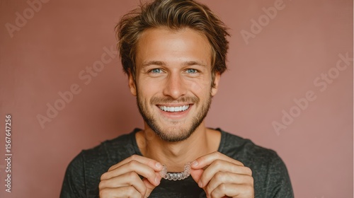 Handsome man with aligners, smiling, on plain background. Perfect image to illustrate teeth alignment process.
