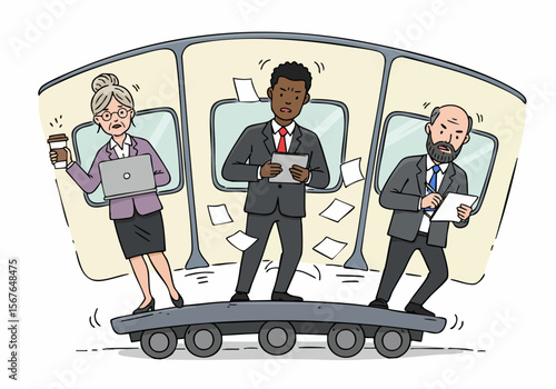Business professionals juggling work on a turbulent commute, facing challenges and multitasking amidst chaos.