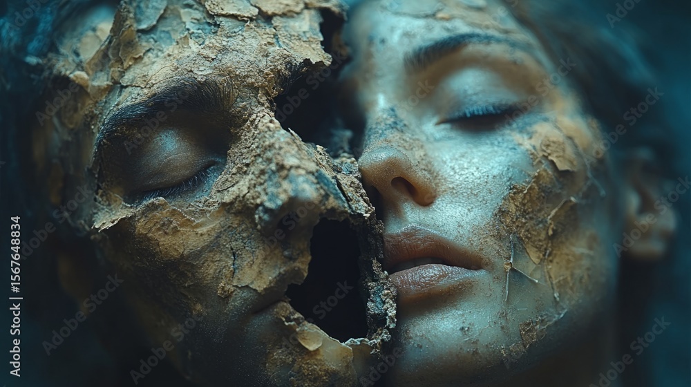 Naklejka premium A weathered face and a living beauty create a striking contrast of life and death, prompting deep reflection
