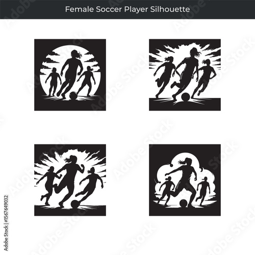 Dynamic black and white silhouette collection of female soccer player actions and movements