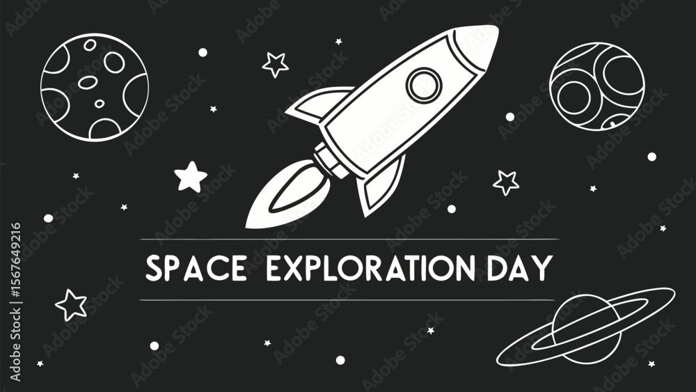 Space Exploration Day: Stylized Rocket Launching Amidst Planets and Stars; Simple, Bold White Line Art on Dark Background; Motivational, Aspirational Mood. Space Exploration Day: Stylized Rocket Launching Amidst Planets and Stars; Simple, Bold White Line Art on Dark Background; Motivational, Aspirational Mood.