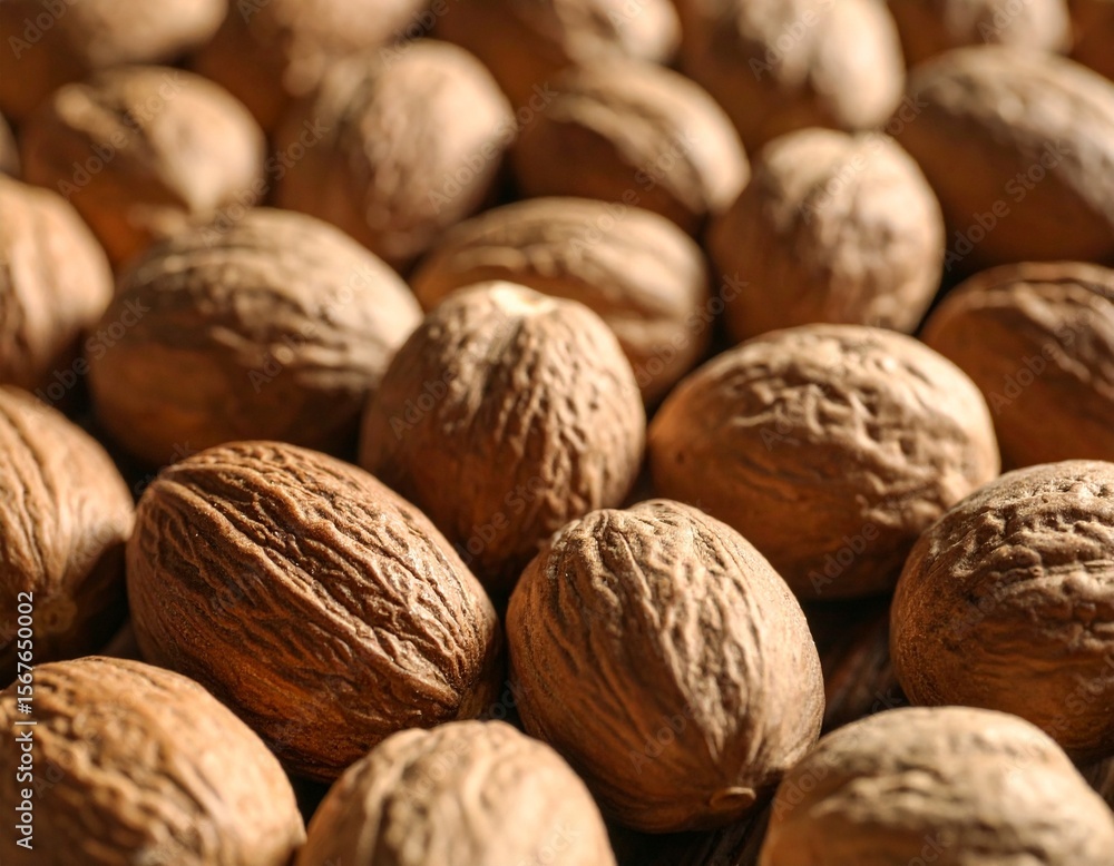 Close-up image of nutmeg seeds, showcasing their intricate surface texture and rich, warm colors Close-up image of nutmeg seeds, showcasing their intricate surface texture and rich, warm colors
