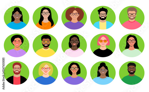 Retratos diversos de personas con gafas en círculos sobre fondo verde, estilo plano colorido y moderno
