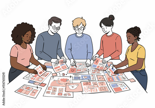 Diverse creative team collaborates on a project, brainstorming ideas, planning, and storyboarding around a table in a lively meeting.