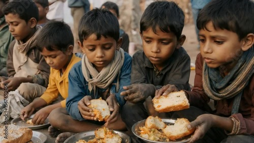 Happy Indian children enjoy food and bread on dirty crowded streets. Social problem of poverty, hunger, and lack of clean