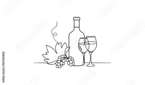Elegant line art illustration of wine bottle glass and grapes with leaves