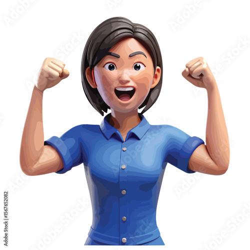 Happy female 3d character raising fists in a celebratory pose, symbolizing success, achievement, and joyful excitement.