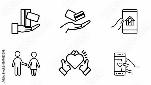 Collection of financial and relationship icons isolated on white background