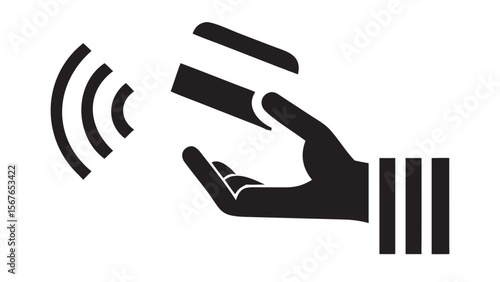 Hand holding credit card with contactless payment waves isolated on white background