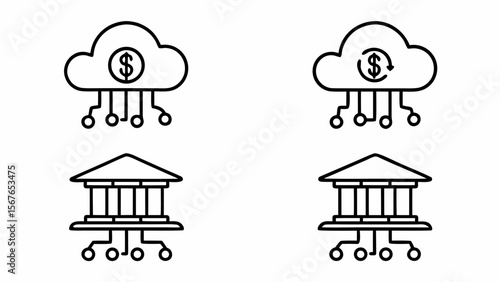 Digital finance icons representing cloud banking and traditional banking systems isolated on white background