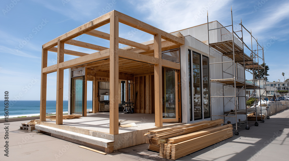 Obraz premium Coastal home construction site with ocean view