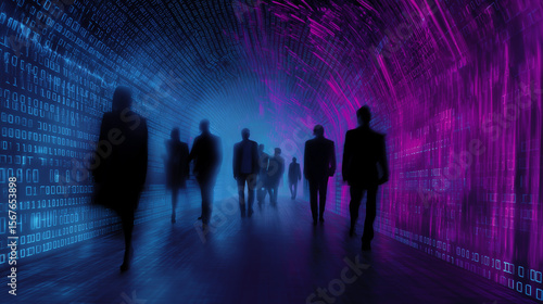 Wallpaper Mural Futuristic digital space with glowing binary code and human silhouettes Torontodigital.ca