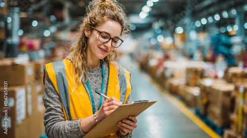 Woman in safety vest taking inventory in a warehouse with boxes and blurred background