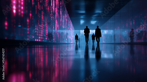 Silhouettes of people walking through digital tunnel with binary code