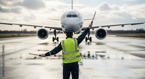 Airplane Ground Crew Directing Aircraft on Runway Aviation Safety and Operations